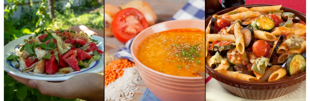 ripe tomato recipe options, creamy vegan tomato soup, panzanella and baked penne ratatouille