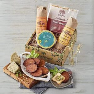 plant-based meats and cheeses in a holiday gift basket