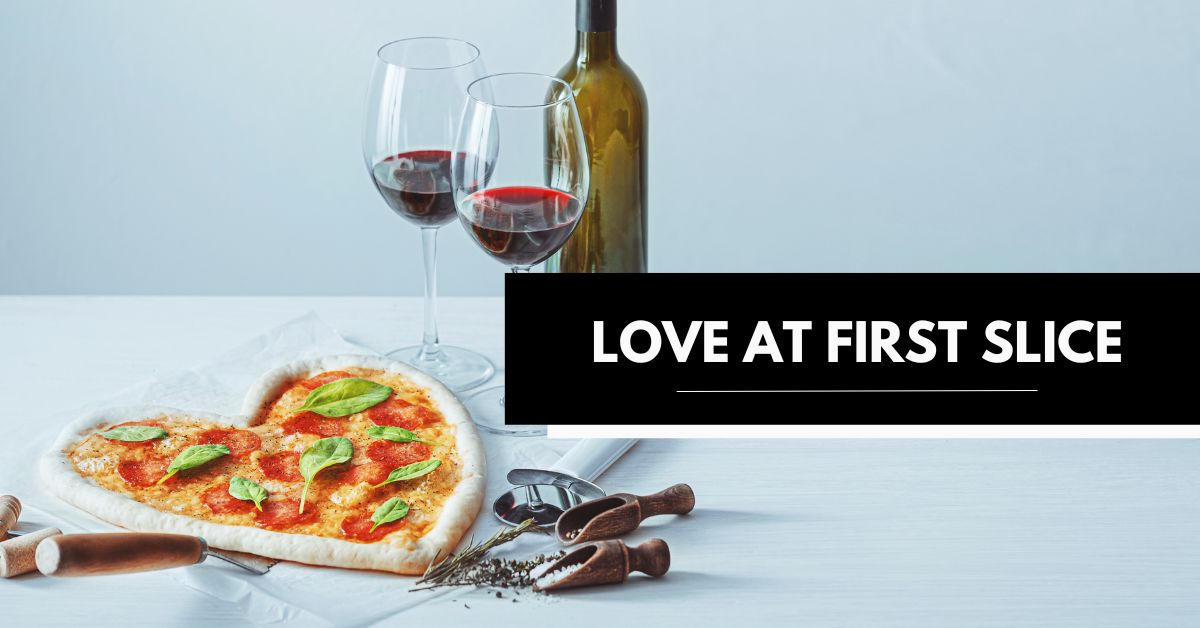 heart shaped pizza with wine