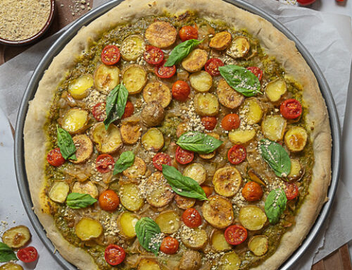 Pesto Pizza with Roasted Potatoes & Caramelized Onions