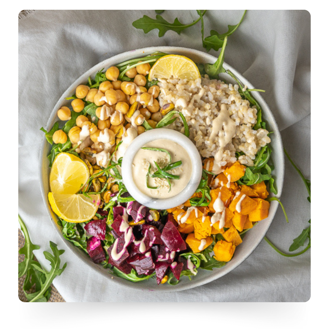 sweet potato and beet tahini bowl